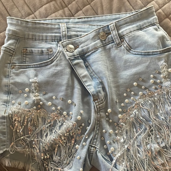 Women's High Waist Denim Short Sequin Rhinestone Pearl Beaded Fringe tassel - Picture 9 of 13